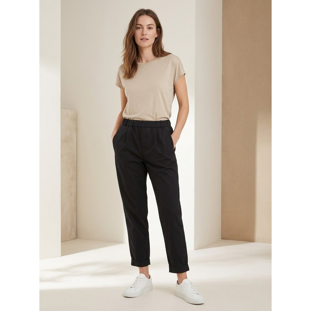 Elastic Waist Tapered Club Monaco Black Cotton Twill Trousers Size M Medium